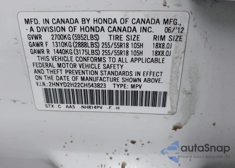 2012 Acura Mdx z USA, uszkodzony, nr VIN 2HNYD2H22CH543823
